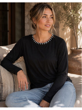 Women's J'ENVIE Black Long Sleeve Tee with White Stitching, Size L Summer sale